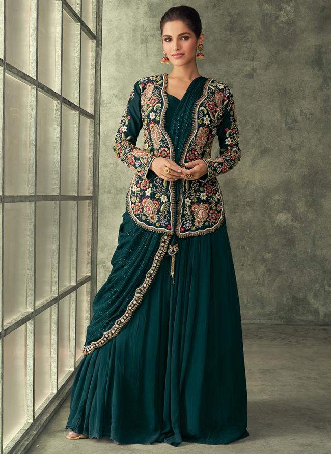Real Georgette Dark Green Party Wear Embroidery Work Readymade Indo Western